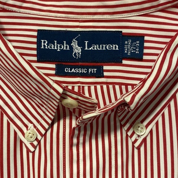 Ralph Lauren CLASSIC FIT STRIPED BUTTON DOWN SHIRT 17.5 34/35 RED WHITE EUC - Picture 2 of 6